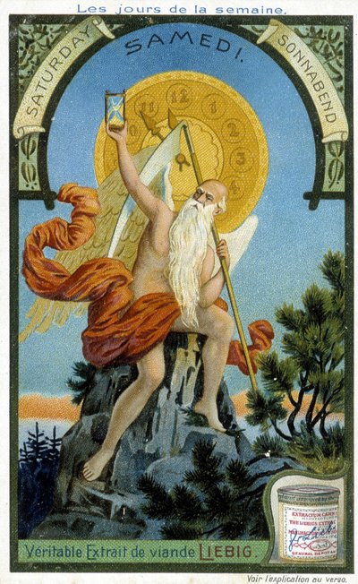 Antike Gottheit hält eine Sanduhr als Symbol der vergehenden Zeit zur Veranschaulichung des Samstags. Liebig Chromolithographische Werbekarte von French School