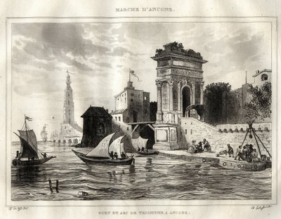 Ancona - Italien - Der Bogen von Trajan, antikes römisches Werk, Apollodoro zugeschrieben - Der Bogen befindet sich in Ancona - Gravur aus „Italien malerisch“ - Historische und beschreibende Malerei von Italien“ von M. de Norvins, Ch. Nodier 1834-1836 von French School