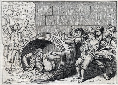 Antisemitische Verfolgung im 17. Jahrhundert: ein Jude wird von Einwohnern Roms in einem Fass gerollt. Illustration aus „Meo Patacca“, Gedicht von Giuseppe Berneri (1637-1700). Gravur von Bocourt. von French School