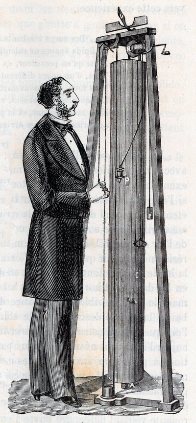 Apparat von Arthur Jules Morin (1795-1880) Apparat zur Untersuchung des freien Falls - Gravur in „Wissenschaften für alle - Populäre Physik und Chemie“ von Alexis Clerc - Ende 19. Jahrhundert - Private Sammlung von French School
