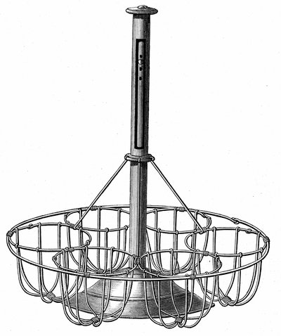 Apparat zum Eierkochen: Die Eier werden in Körben mit einem Halter in der Mitte platziert, in dem sich ein Thermometer befindet, das die Wassertemperatur während des Kochens anzeigt. Gravur in „Le Magasin Picturesque“ von French School