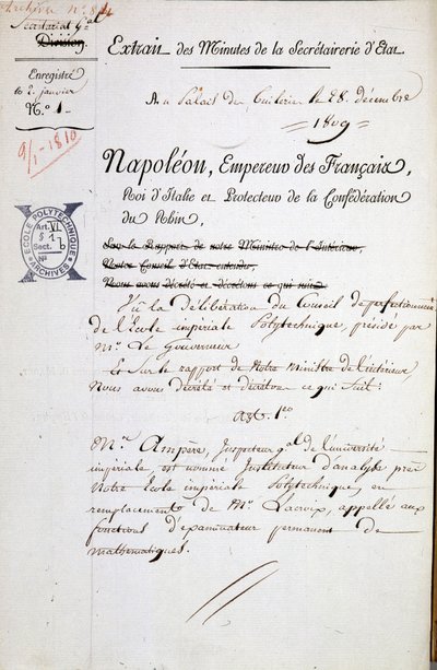 Ernennung von Napoleon von André Marie Ampère zum Inspektor der Polytechnique - Pflichtangabe: Archive der Bibl. de l