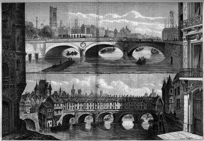 Architektur, Paris: Ansichten der alten Brücke au Change (1639-1647) im Jahr 1660 und der neuen Brücke, die 1860 gebaut wurde. Gravur in „Le Monde Illustré“ Nr. 184 vom 20. Oktober 1860 von French School