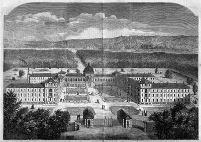 Architektur: Gesamtansicht des Kaiserlichen Asyls für genesende Arbeiter von Le Vésinet, gebaut nach den Plänen des Architekten Eugène Laval (1818-1869) und 1859 eingeweiht. Gravur in „Le Monde Illustré“ Nr. 77 vom 2. Oktober 1858. von French School