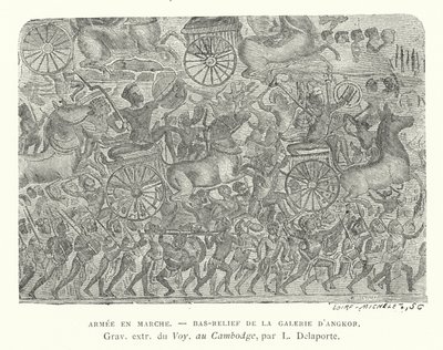 Armee auf dem Marsch, Basrelief aus Angkor, Kambodscha von French School