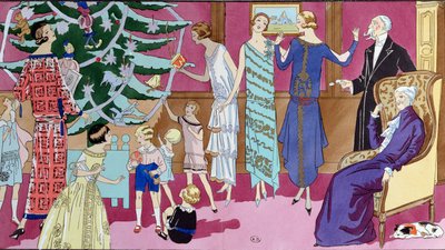Um den Weihnachtsbaum, Modeplatte aus der Zeitschrift Art Gout Beaute, Dezember 1923 von French School