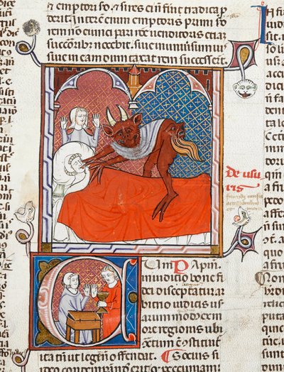 Ein Teufel oder Dämon auf dem Bett einer toten Person, Illustration aus Digestum Vetus mit gloss ordinaria, von Justinian, ca. 1300-10 von French School