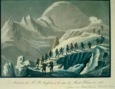 Aufstieg von Herrn De Saussure zum Gipfel des Mont Blanc im Jahr 1787, aus Einem Bericht über den Aufstieg zum Gipfel des Mont Blanc von Charles Fellows, veröffentlicht 1827 von French School
