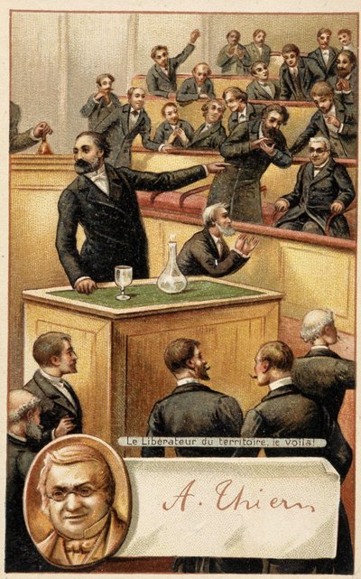 Versammlung jubelt Thiers zu, „Befreier des Territoriums“ und Porträt im Medaillon - Chromo., Ende des 19. Jahrhunderts. von French School