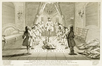 Versammlung der Freimaurer zur Einweihung eines Meisters, aus Die Zeremonien der Religion und des Brauchtums, um 1733 von French School