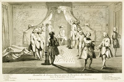 Versammlung der Freimaurer zur Einweihung eines Meisters, der Eintritt des Kandidaten in die Loge, aus Die Zeremonien der Religion und des Brauchtums, um 1733 von French School