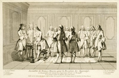Versammlung der Freimaurer zur Einweihung eines Lehrlings, aus Die Zeremonien der Religion und des Brauchtums, um 1733 von French School