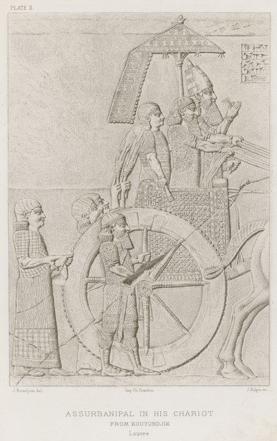 Assurbanipal in seinem Streitwagen, aus Kouyundjik, Louvre von French School