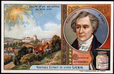 Astronomie: Fall eines Aerolithen mitten am Tag, mit dem Porträt von François Arago (1786-1853) - Liebig Chromolithographie von French School
