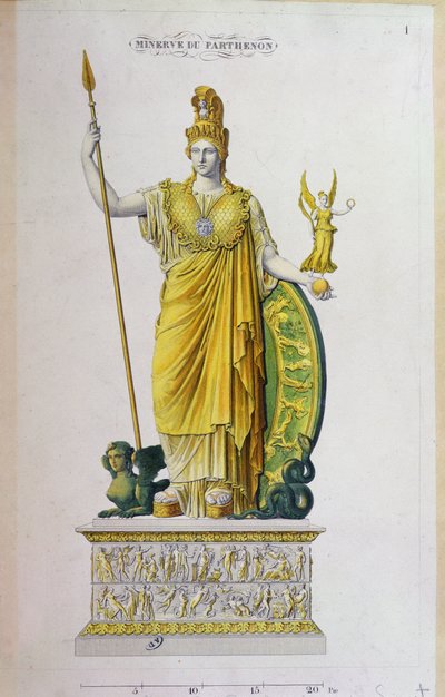 Athena Parthenos, Statue vom Parthenon, Athen (Farbgravur) von French School