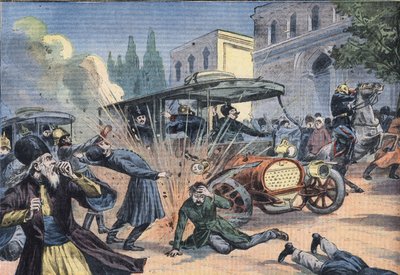 Attentat auf den Schah von Persien Mohammad Ali Shah Qajar (1872-1925). Gravur aus der Zeitung 