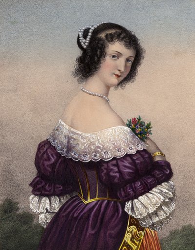 Attraktives Mädchen im lila Kleid mit Spitzenbesatz von French School