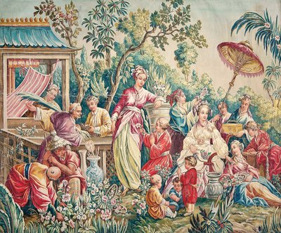 Aubusson-Karton für einen Wandteppich mit Figuren in einem orientalischen Garten von French School
