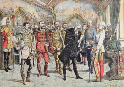 Österreich-Ungarische Krise - Empfang der ungarischen Magnaten durch Kaiser Franz Josef, Illustration aus Le Petit Journal, 15. Oktober 1905 von French School