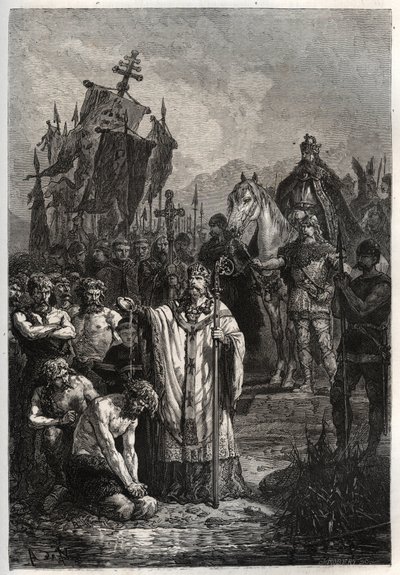 Taufe des heidnischen Sachsenführers Widukind unter dem Druck von Kaiser Karl dem Großen - Karl der Große zwingt die Sachsen zur Taufe - Bekehrung von Widukind vor Karl dem Großen im Jahr 785 - Gravur aus „L