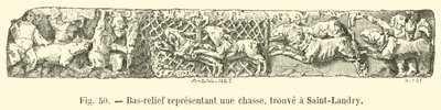 Relief, das eine Jagd darstellt, gefunden in Saint-Landry von French School