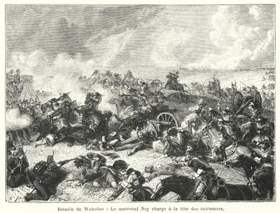 Schlacht von Waterloo, Marschall Ney führt die Kürassiere an (Gravur) von French School