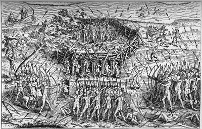 Schlacht zwischen der französischen Armee von Samuel de Champlain (circa 1567-1635) und den Irokesen. Kanada, Anfang des 17. Jahrhunderts. Gravur in „La Marine et les colonies: commerce“ von French School