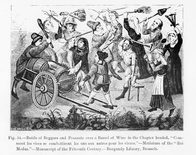 Schlacht von Bettlern und Bauern um ein Weinfass, aus dem Buch von König Modus, Illustration aus Wissenschaft und Literatur im Mittelalter und in der Renaissance, geschrieben und graviert von Paul Lacroix von French School