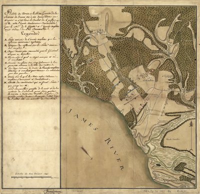 Schlacht von Green Spring, Karte des Landes am linken Ufer des James River gegenüber von Jamestown in Virginia, wo die Schlacht am 6. Juli stattfand von French School