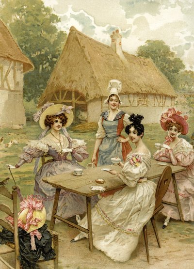 Schöne reiche Frauen trinken Tee auf einem Bauernhof von French School