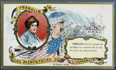 Benjamin Franklin, amerikanischer Politiker und Physiker (1706-1790) und der Blitzableiter - Chromolithographie, Anfang des 20. Jahrhunderts von French School