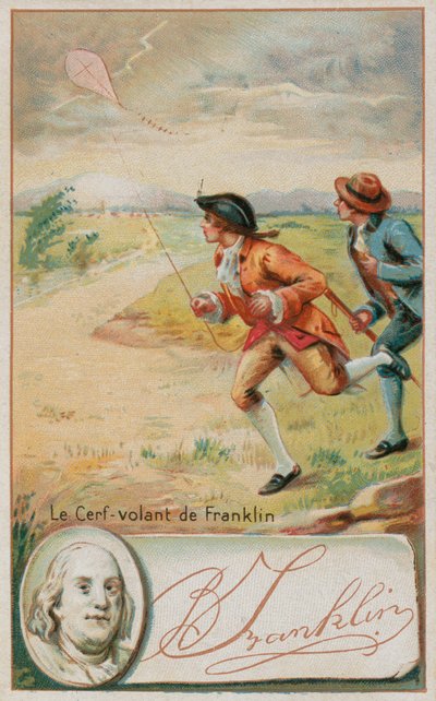 Benjamin Franklin fliegt einen Drachen, der vom Blitz getroffen wird von French School