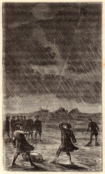 Benjamin Franklins Blitzexperiment - Experiment von Benjamin Franklin (1706-1790), der einen Drachen steigen ließ, um die elektrische Natur des Blitzes zu demonstrieren. Kolorierte Gravur des 19. Jahrhunderts. Gravur in „Wissenschaften für jedermann - phys von French School