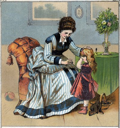 Berthe weint, weil sie sich beim Nähen in den Finger gestochen hat. Ihre Mutter schimpft sie, weil sie vergessen hat, den Fingerhut zu benutzen. Chromolithographie aus „Szenen aus der Kindheit“, veröffentlicht von Guerin - Muller um 1885. von French School
