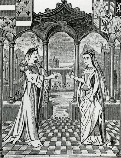 Verlobung von Maximilian I. und Maria, Herzogin von Burgund im Jahr 1477, nach einem Bild in den Chroniques de Flandre von French School