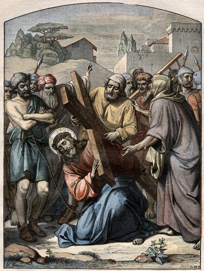 Biblische Szene - Kreuzweg: Jesus wird von Simon von Cyrene (dem Zyrenäer) geholfen. Gravur in „Le Pelerin“ vom 13. September 1896 von French School