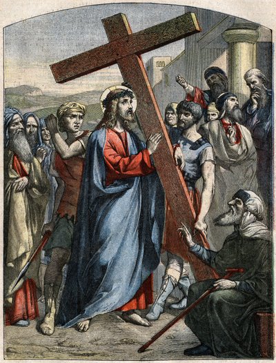 Biblische Szene - Kreuzweg: Jesus trägt das Kreuz. Gravur in „Le Pelerin“ vom 3. Mai von French School