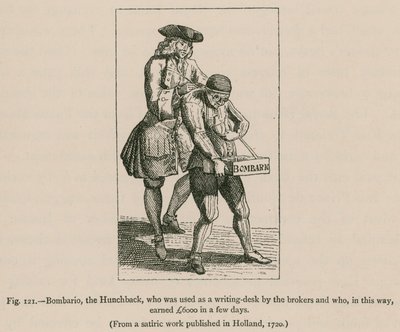 Bombario, der Bucklige, der als Schreibtisch von den Maklern benutzt wurde und auf diese Weise in wenigen Tagen 6000 Pfund verdiente von French School