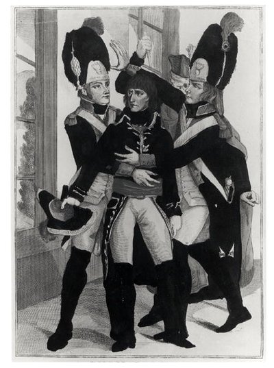 Bonaparte (1769-1821) geschützt von zwei Grenadieren während der Sitzung in St.Cloud, 19. Brumaire Jahr 8 (10. November 1799), ca. 1800 von French School
