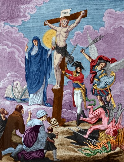 Bonaparte, Restaurator der Religion und Unterstützer des Kreuzes, Allegorie auf das Konkordat, 1802 von French School