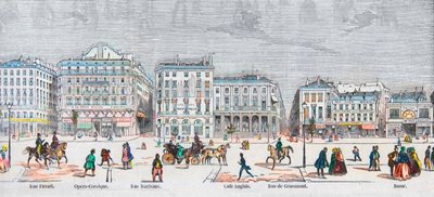 Boulevard des Italiens Südseite - Rue Favart - Opéra comique - Rue Marivaux - Café Anglais - Rue Grammont - Basar - Gravur in „Tableau-de-Paris“ von Edmond Texier 1852. von French School