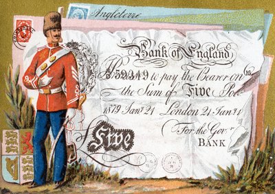 Britischer Armeesoldat, der eine Bank of England Fünf-Pfund-Note bewacht, 1886-95 von French School