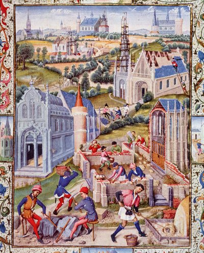 Baustellen in Saint Denis (Stadt) für den Bau von 12 Kirchen zu Ehren der 12 Apostel. Miniatur aus dem „Leben des sehr edlen Grafen Gerard de Roussillon“ von French School