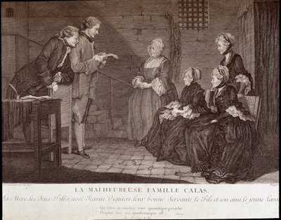 Calas-Affäre: Die unglückliche Familie von Jean Calas (gestorben 1762): die Mutter, die zwei Töchter, mit Jeanne Viguiere, ihrer guten Dienerin, der Sohn und sein Freund, um 1762. von French School