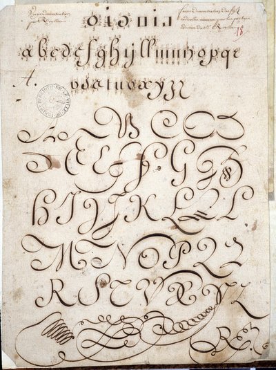 Kalligraphie: Manuskriptstück in Rundschrift auf Velin, verziert mit Arabesken um 1813 von Sebastien Royllet. Historische Bibliothek der Stadt Paris von French School