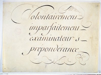 Kalligraphie: Manuskriptstück um 1670 von Andre Francois Roland. „absichtlich, unvollkommen, Prüfer, Vorherrschaft“ von French School