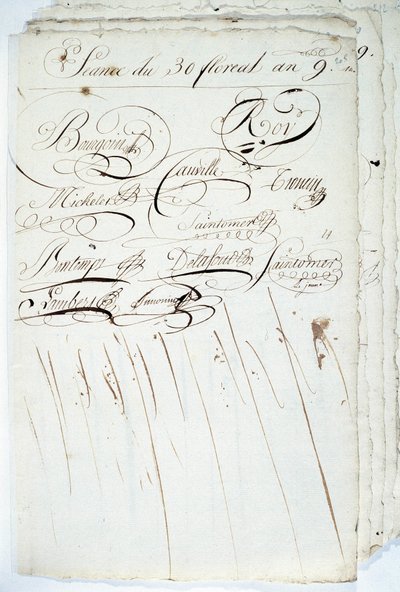 Kalligraphie: Blatt des Registers der Akademischen Gesellschaft für Schrift, 30 Floreal an IX von French School