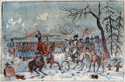 Kampagne von Preußen und Polen: Napoleon I. auf dem Schlachtfeld von Eylau am 08.02.1807 befiehlt Murat, die russische Kavallerie zurückzuschlagen. Gravur des 19. Jahrhunderts. von French School