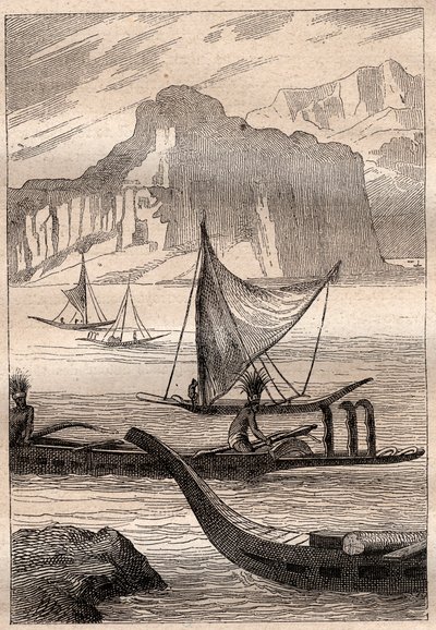 Kanus der Marquesas-Inseln - Illustration aus „Die großen Seefahrer des 18. Jahrhunderts“ von French School