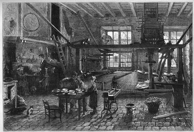 Canut-Werkstatt. Innenansicht einer Seidenweberwerkstatt in Lyon während einer Krise Ende des 19. Jahrhunderts. Gravur in „Le Monde Illustré“ Nr. 1039 vom 10. März 1877. von French School